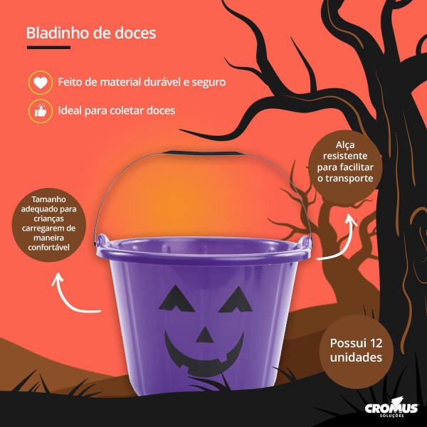 Imagem de Baldinhos para Balas e Doces 15cm Abobora na cor Roxa para Eventos de Halloween