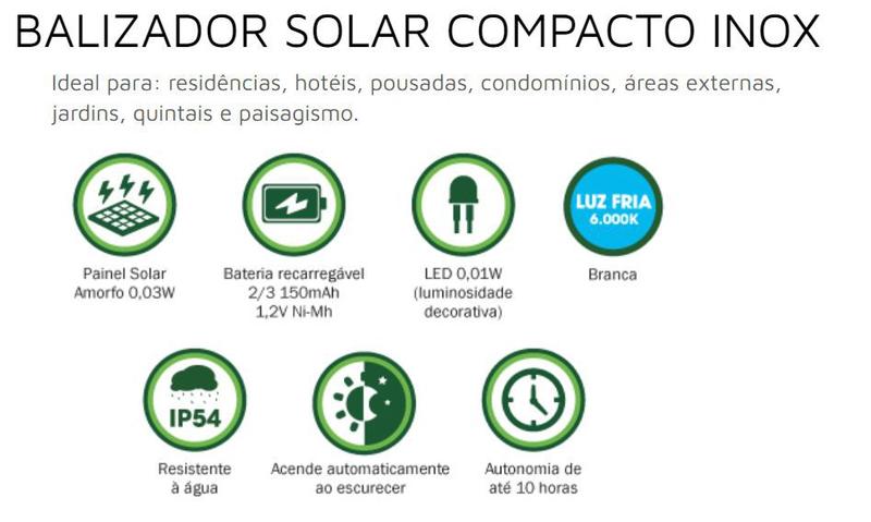 Imagem de Balizador luminaria solar compacto inox 1,2lm 6000k jardim decoração ecoforce