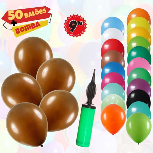 Imagem de Balões Látex 9 Polegadas C/50unds + Bomba Para Encher Balão, Balão Bexiga Para Decoração De Festas E Eventos