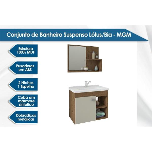 Imagem de Bancada de Banheiro Balcão Suspenso Lótus/Bia c/ Cuba 55cm e Armário c/ Espelho Amendoa/Branco - MGM