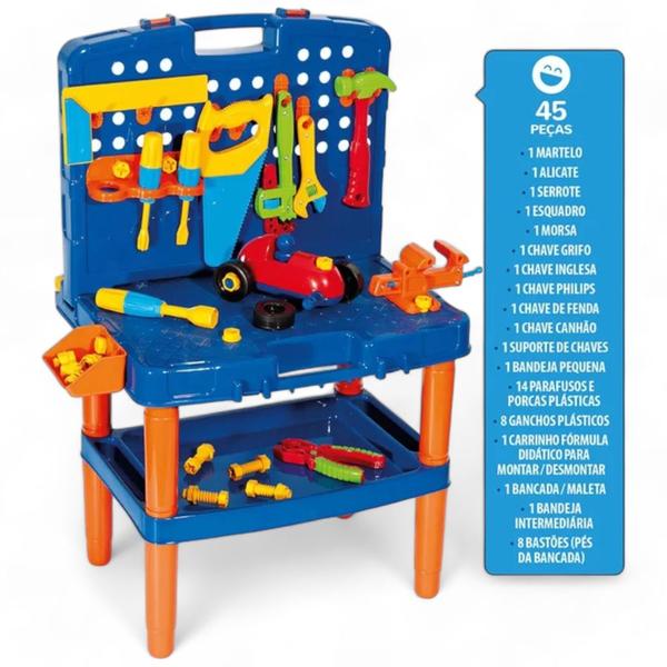 Imagem de Bancada de Ferramentas com 45 Peças Infantil - Brinquedo Kit Bancada de Ferramentas C/ Maleta Grande