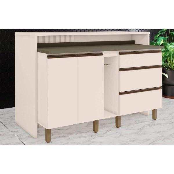 Imagem de Bancada Ilha Cozinha Balcão Gourmet Connect c/ 2 Portas e 3 Gavetas 145cm Off White - Henn