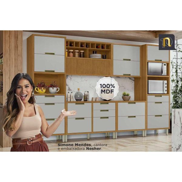 Imagem de Bancada Ilha Cozinha Imperatriz c/ 1 Porta e 4 Gavetas 120cm Freijo/Off White - Nesher