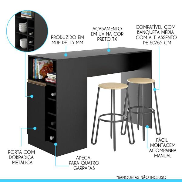 Imagem de Bancada Ilha de Cozinha Gourmet 136x92 Cm MDP Preto Texturizado 0535 MENU