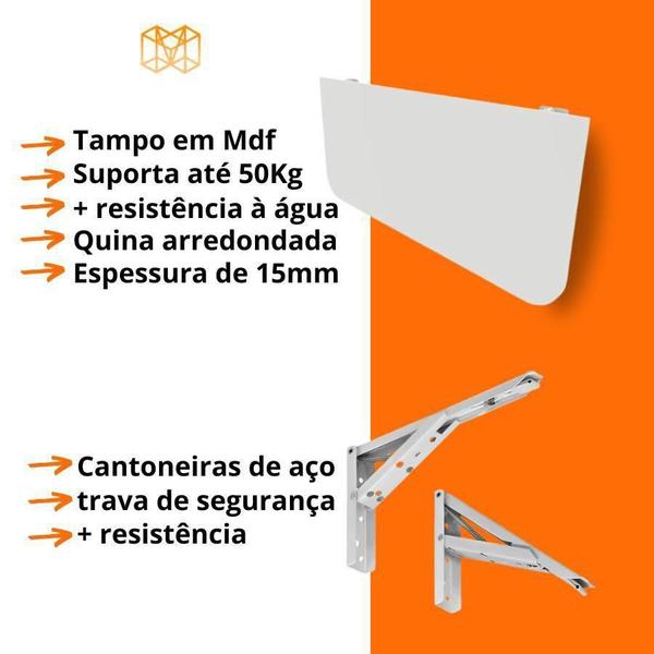 Imagem de Bancada Suspensa para Cozinha MDF Mesa Dobrável Retrátil 80cm x 30cm Lavanderia