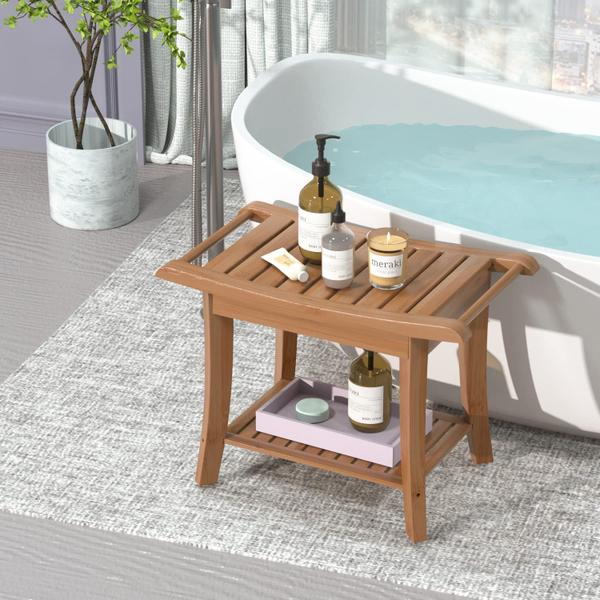 Imagem de Banco de chuveiro Zhuoyue Waterproof Bamboo com prateleira de armazenamento