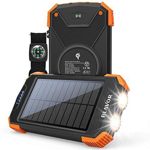 Imagem de Banco de Energia Solar, Portátil Qi 10,000mAh, USB Tipo C, Lanterna Dupla (Laranja)