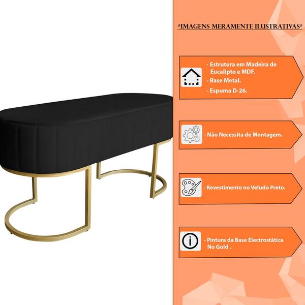 Imagem de Banco Recamier Estofado Luana Base Gold Veludo Preto - Montanaris Decor