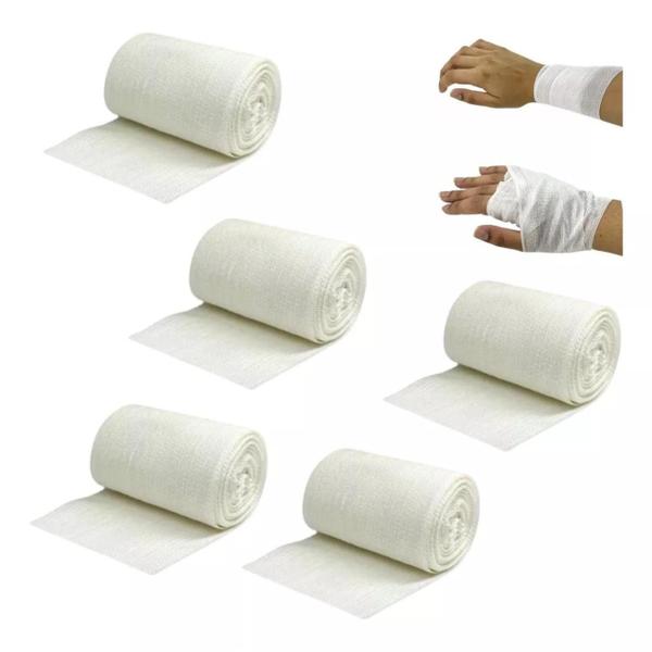 Imagem de Bandagem Atadura Rayon Medicinal Para Curativo Feridas Kit 5 Unidades 7,5cm x 5m