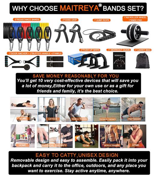 Imagem de Bandas de resistência Set Workout Bands,8-em-1 Ab Wheel Roller Kit com joelheira,Push Up Bars,Hand Grip Strengthener,Jump Rope,Home Gym Workout Exercise Equipment for Men Women