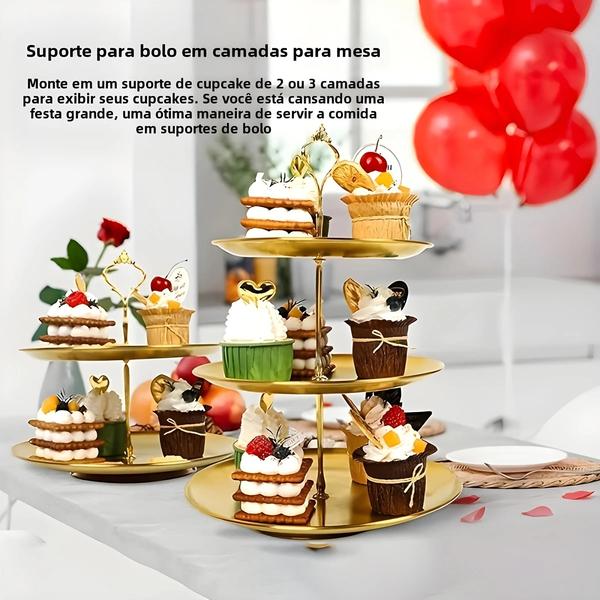 Bandeja de Bolo de Aço Inoxidável 3 Andares - Suporte para Sobremesa e Festa Imagem de Bandeja de Bolo de Aço Inoxidável 3 Andares - Suporte para Sobremesa e Festa