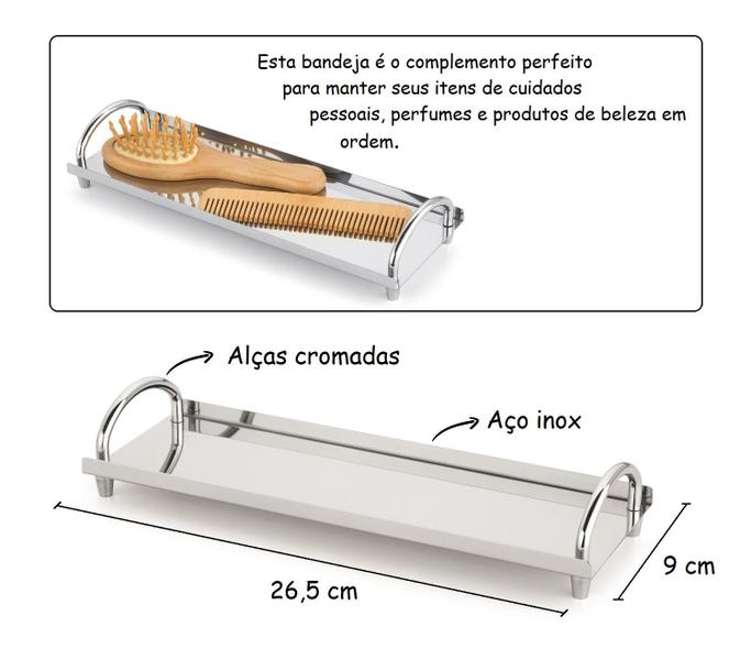 Imagem de Bandeja Inox Bancada Banheiro 26x9 Cm Fina Multiuso Lavabo Organizador Pia Utensílios Aço Inoxidável