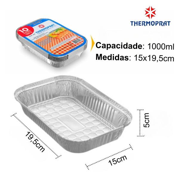 Imagem de Bandeja Marmita Marmitex Alumínio Retangular Descartável com Tampa Thermoprat - 1000ml 1L - CX 100 Unidades