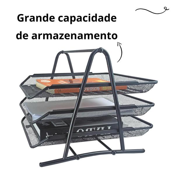 Imagem de Bandeja Organizadora de Mesa de Escritório Tripla Com Prateleiras para Papel e Documentos A4 Sulfite Preto