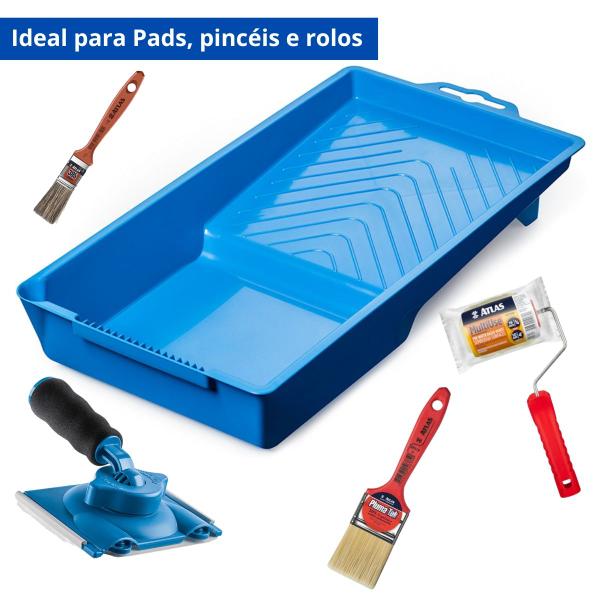 Imagem de Bandeja Para Pintura Pequena 250ml 15x29cm Plástica Azul Pad Minirolo Pincel  Atlas