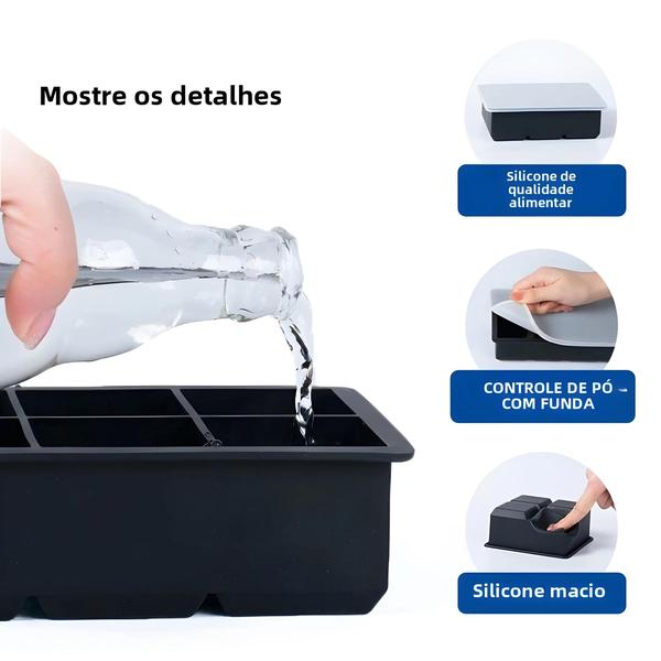 Imagem de Bandejas Grandes de Cubos de Gelo de Silicone com Tampas - Moldes Quadrados sem BPA