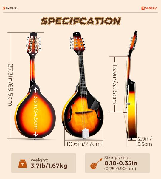 Imagem de Bandolim Vangoa A Style Acoustic de 8 cordas com acessórios Sunburst