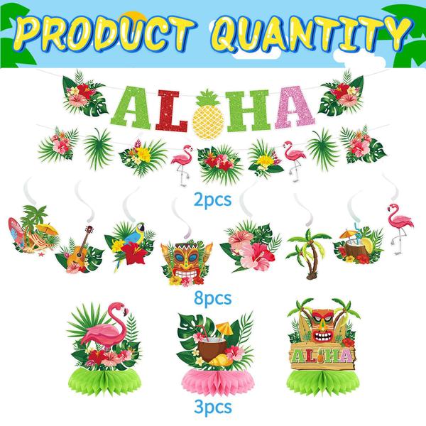 Imagem de Banner Aloha havaiano, decorações em espiral suspensas Aloha, peças centrais Aloha Honeycomb, flores com tema havaiano, decorações tropicais de palmeira flamingo para verão, praia, festa na piscina, suprimentos para festas Tiki