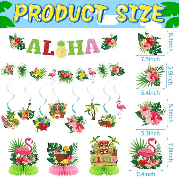 Imagem de Banner Aloha havaiano, decorações em espiral suspensas Aloha, peças centrais Aloha Honeycomb, flores com tema havaiano, decorações tropicais de palmeira flamingo para verão, praia, festa na piscina, suprimentos para festas Tiki