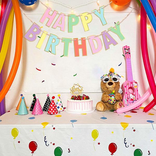 Imagem de Banner de feliz aniversário para decoração de festa Rainbow com ventiladores de papel