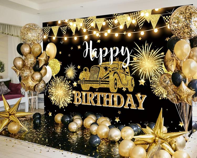 Imagem de Banner de pano de fundo Duluxykl preto e dourado Feliz Aniversário