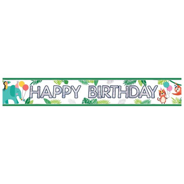 Imagem de Banner metalizado Amscan Jungle Birthday de 12 pés (pacote com 1) branco