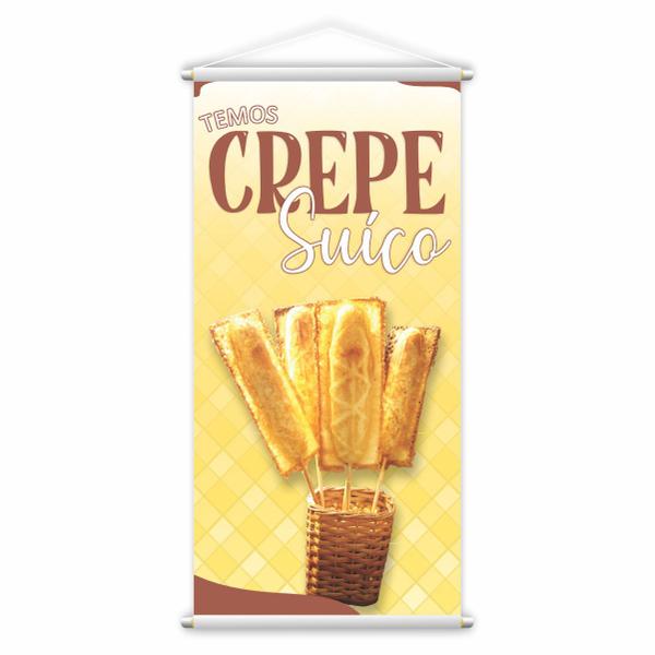 Banner Temos Crepe Suíço Fundo Amarelo Comida Lona 60x40cm - PlimShop Imagem de Banner Temos Crepe Suíço Fundo Amarelo Comida Lona 60x40cm