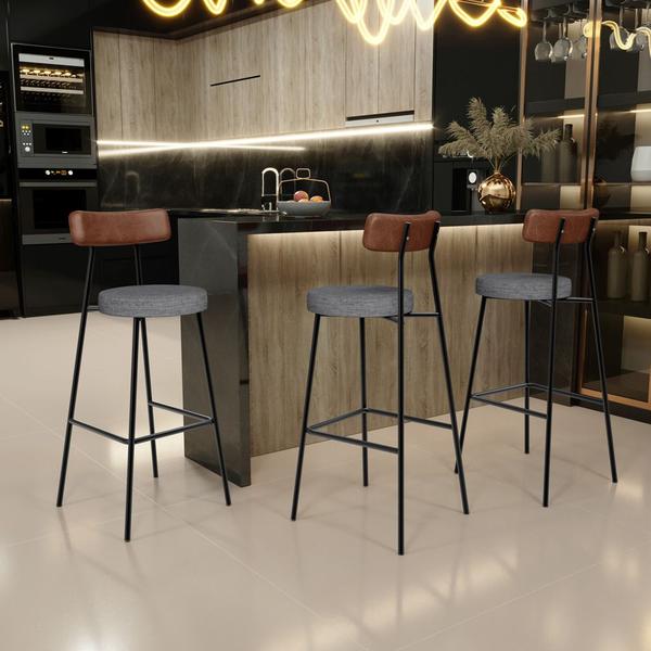 Banqueta Alta Bar Cozinha Sala Jantar Milão L02 material sintético Marrom Linho Cinza Escuro - Lyam Decor Imagem de Banqueta Alta Bar Cozinha Sala Jantar Milão L02 material sintético Marrom Linho Cinza Escuro - Lyam Decor