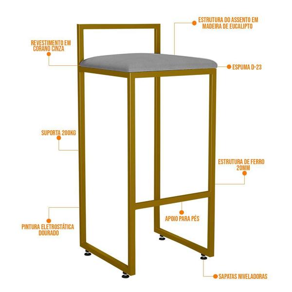 Imagem de Banqueta Alta Para Cozinha Sala De Jantar Hanna L02 Dourado Corano Cinza - Lyam Decor