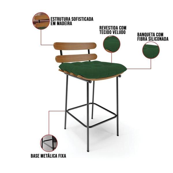 Imagem de Banqueta Costela Veludo Verde Base Metálica Preto - D'rossi