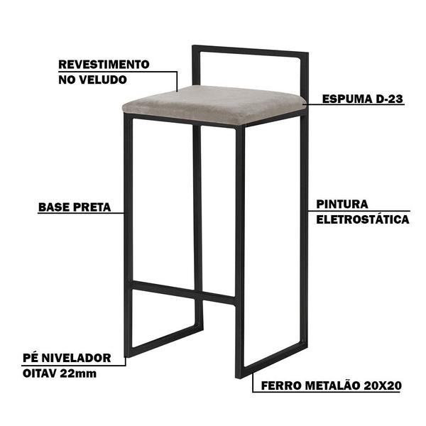 Imagem de Banqueta Decorativa Jasmine Base Preto Veludo Cinza G41 - Gran Belo