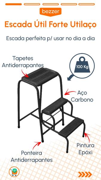 Imagem de Banqueta Escada Dobrável Reforçada 100kg Com 3 Degraus Ponteiras Antiderrapante