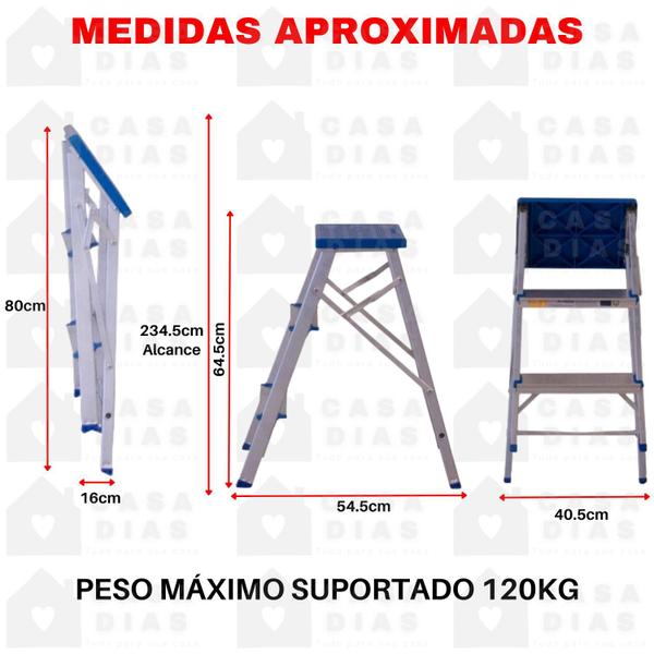 Imagem de Banqueta Escada Doméstica Alumínio 03 Degraus Antiderrapante Dobravel