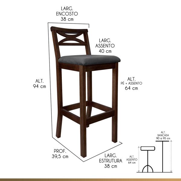 Imagem de Banqueta Media Estofada para Bancada Madri Madeira Capuccino Suede Cinza CCS