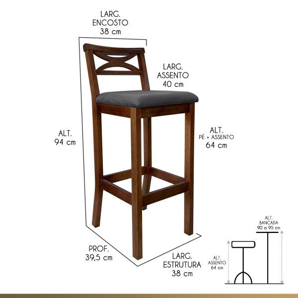 Imagem de Banqueta Média Estofada para Bancada Madri Madeira Castanho Suede Cinza CCS