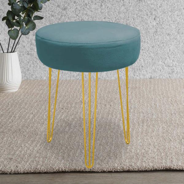 Imagem de Banqueta Puff Jullia Luxo 55cm Industrial Ferro Dourado Suede Azul Turquesa - Ahazzo Móveis