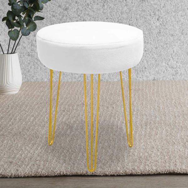 Imagem de Banqueta Puff Jullia Luxo 55cm Industrial Ferro Dourado Suede Branco - Ahazzo Móveis