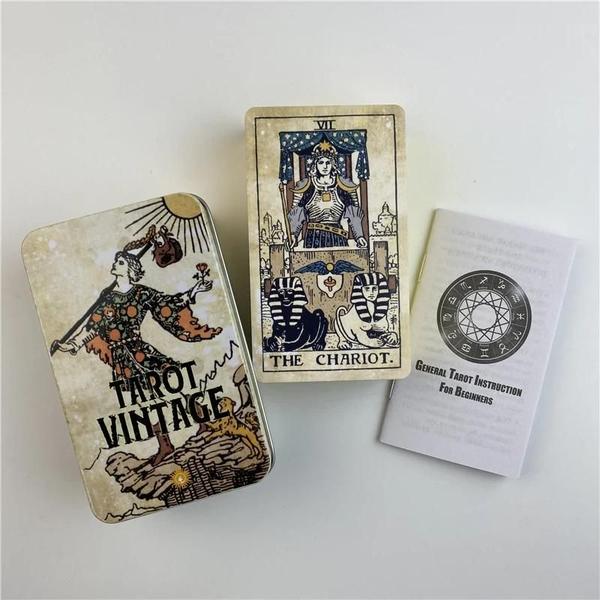 Imagem de Baralho de Tarot Dourado Vintage em Caixa de Metal com Guia em Inglês