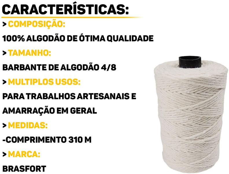 Imagem de Barbante De Algodão 310 Metros Fio 4/8 Para Artesanato Amarração Costura Brasfort