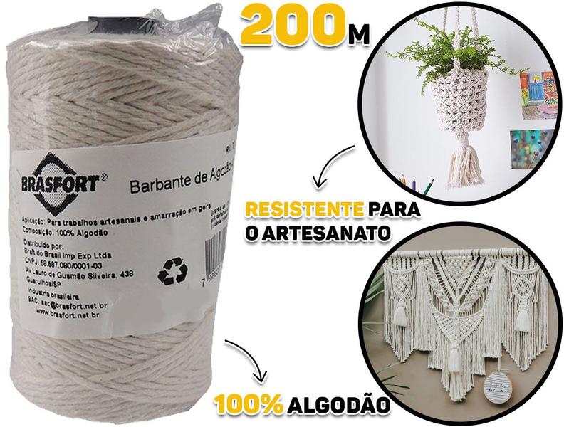 Imagem de Barbante De Algodão Fio 4/8 Branco 200 Metros Para Uso Doméstico Artesanato Costura Brasfort