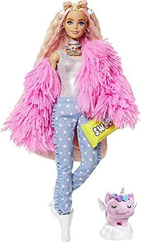 Imagem de Barbie Extra Doll 3 em casaco fofo rosa com porco-unicórnio de estimação, cabelo extra-longo Crimped, incluindo anel de embreagem e goma de barra de chocolate, várias articulações flexíveis, presente para crianças de 3 anos de idade e up