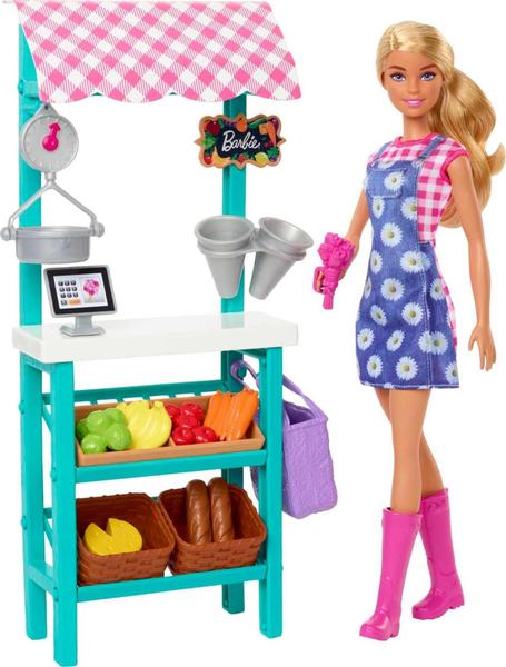 Imagem de Barbie Farmers Market Playset, Barbie Doll (Loira), Market Stand, Register, Legumes, Pão, Queijo & Flores, Grande Presente para Idades 3 Anos de Idade & Up