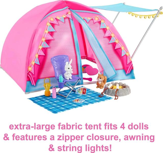 Imagem de Barbie leva dois playset de camping com tenda, 2 bonecas e 20 peças incluindo animais, telescópio & acessórios, brinquedo para crianças de 3 anos e up