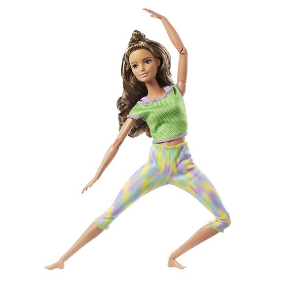 Imagem de Barbie Made to Move Doll com 22 articulações flexíveis cabelo moreno ondulado longo vestindo athleisure-wear para crianças de 3 a 7 anos de idade