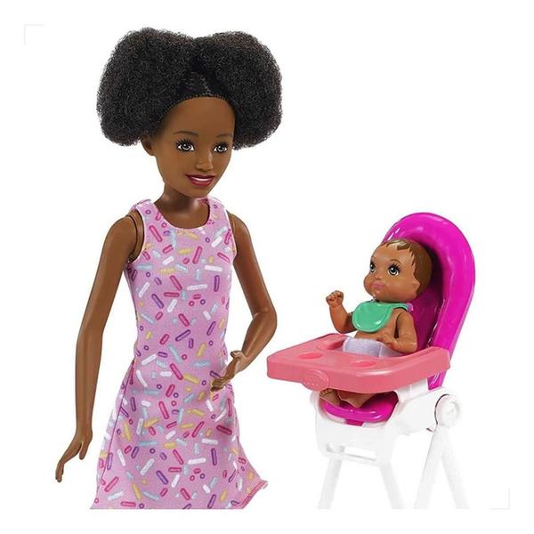 Imagem de Barbie Negra Boneca Mattel Babá Skipper + Bebê + Acessórios