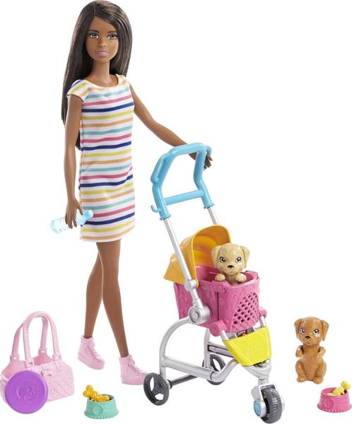 Imagem de Barbie Stroll 'n Play Pups Playset com Boneca Morena (11,5 polegadas), 2 Filhotes, Carrinho de Estimação e Acessórios, Presente para Crianças de 3 a 7 Anos , Rosa