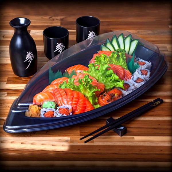 Imagem de Barca Boat com Tampa para Delivery Sushi Combinados Lanches Açaí Praticpack  - 500ml  27x14x4,5cm - 25 Unidades