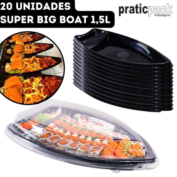 Imagem de Barca Super Big Boat com Tampa para Delivery Sushi Lanches Açaí Praticpack  - 1,5L  51x24,5x6,5cm - 20 Unidades