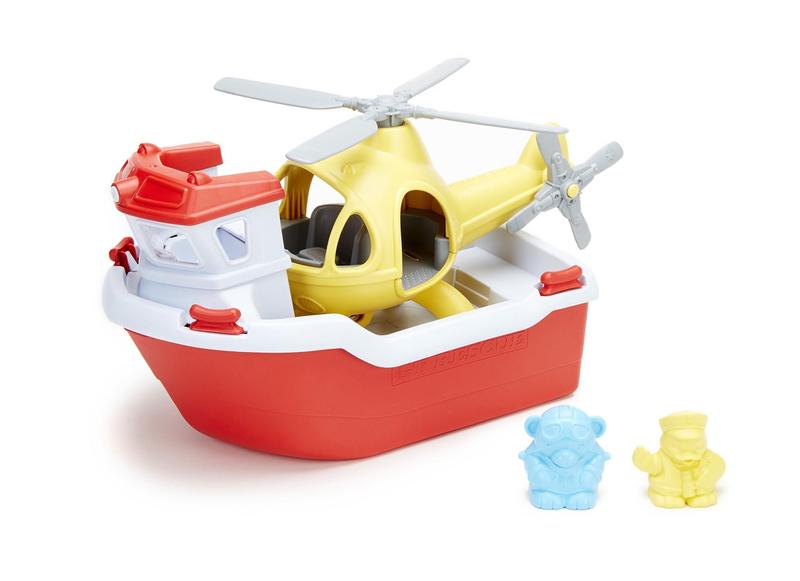 Imagem de Barco de resgate Toy Green Toys com helicóptero vermelho