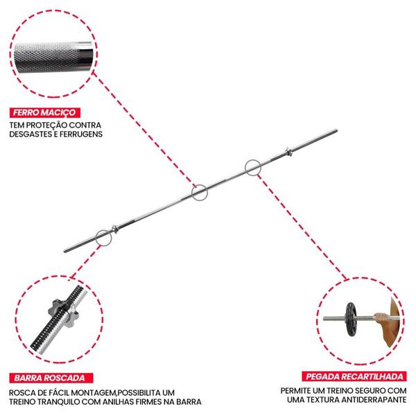 Imagem de Barra 180cm - Maciça Com Pegada Recartilhada Academia Musculação Para Anilhas - Consport